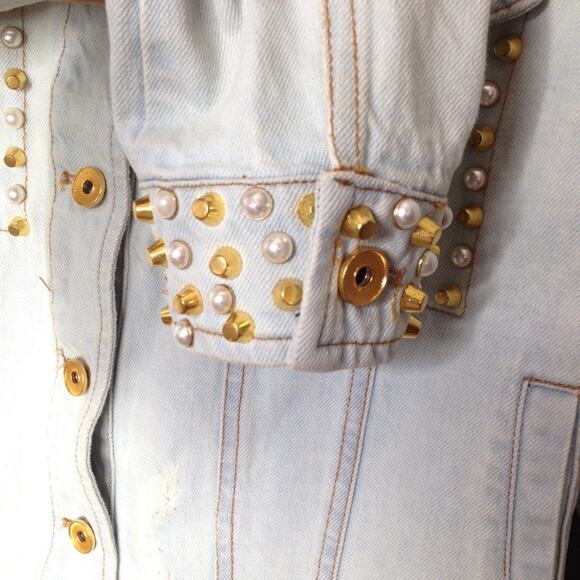 Belle Vere Gold Stud Embroidered Blue Denim Jacket Size Small - Picture 6 of 8